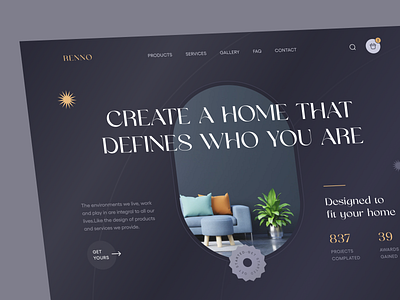 Renno - Home interior landing page 3d app application branding dark design flat graphic design hero homepage illustration interior landing landing page light logo minimal sofa style ui