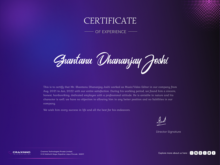 Experience Certificate Design by Craxinno Technologies Private Limited ...