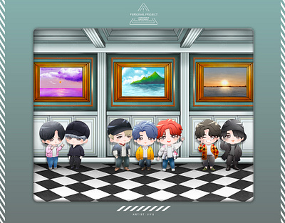 Illustration of an art gallery for children's books art art gallery book cartoon chibi children children book exhibition gallery illustration jhope jimin jin jungkook kids kpop rm suga taehyung v