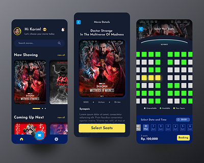 Cinema Apps cinema cinemas dailyui dark darkmode design graphic design mobileapps mobiledark mobiledesign movie movieapps movies ticket tickets ui uidaily uidesign