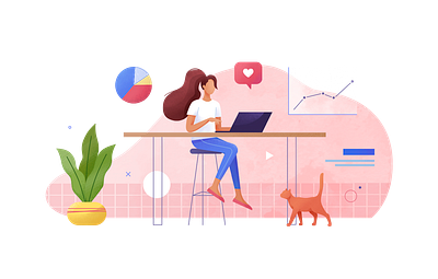 Girl with a laptop and cat. Working from a cafe 2d art cafe cat colorful concept creative freelance girl human illustration laptop pink vector vector art working