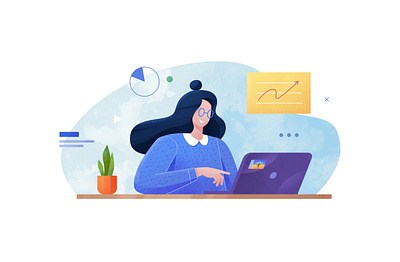 Girl in a blue sweater working on a laptop blue concept cute flat girl graphic hair illustration job laptop modern office plant reading searching vector vector art working