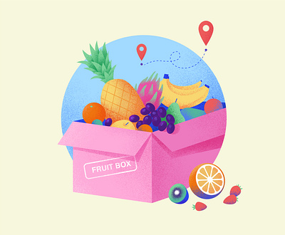 Fruit box delivery illustration 2d apple banana box colorful concept delivery dragon fruit food fresh fruit fruit box illustration location orange pineapple place strawberry vector yellow