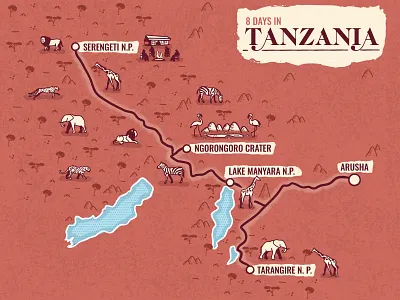 TANZANIA ILLUSTRATED MAP cartography editorial illustration illustrated map illustration illustrator itinerary map map design map maker tanzania tour agency tourism travel travel inspired