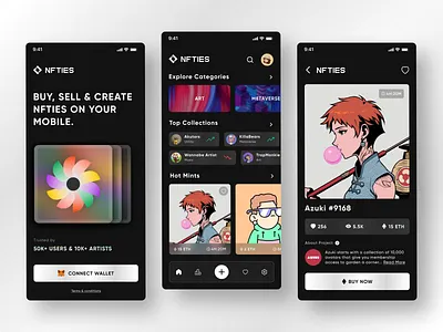 NFT Marketplace Mobile App Concept bitcoin crypto cryptocurrency dailyui dark mode figma glassmorphism ios nft nft app nft marketplace nft mobile startup ui ui design