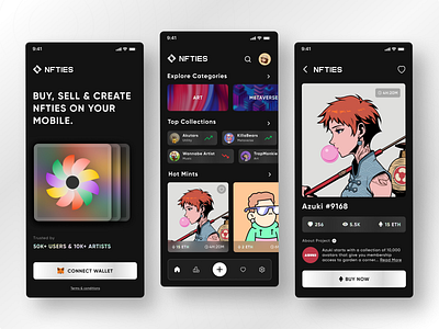NFT Marketplace Mobile App Concept bitcoin crypto cryptocurrency dailyui dark mode figma glassmorphism ios nft nft app nft marketplace nft mobile startup ui ui design
