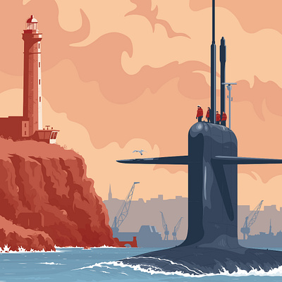 Heavy Metal boat brest bretagne brittany cliff finistere flat graphic illustration lighthouse navy sea submarine vector