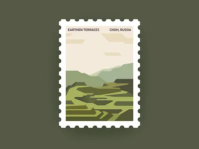 Dagestan earthen terraces postage stamp choh chokh dagestan illustration dagestan stamp dagestan sticker earthen terrace flat illustration graphic design hill terraces minimal graphic mountain illustration mountains stamp postage card postage design postage mark postage stamp rice fields tea fields
