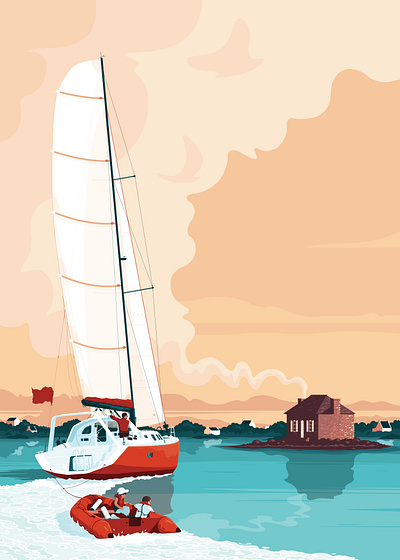 Diogène boat bretagne brittany dinghy family flat house illustration island kids morbihan sail sailing sea sunset vector