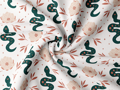 Boho Moon Snake Pattern boho celestial digital paper fabric design floral flowers hand drawn illustration magic moon phase mystical print seamless pattern serpent snake surface design textile vector