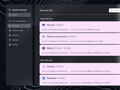 Admin Panel UI for Add-Ons admin console admin ui app clean list of items modern product design saas saas ui ui ux ux design