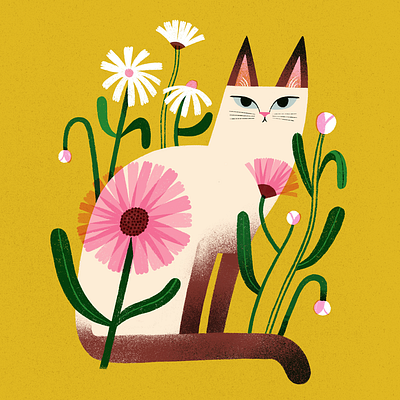 Daisy animal illustration cat cats and flowers colourful illustration summer