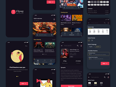 Movie ticket booking app app application book booking colorful dark dark ui design designideas homepage illustration movie movie ticket theater theatre ticket ticketing ui ui design ux