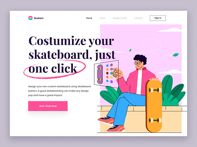 Costumize Skateboard Landing page character costumize design flat illustration hero illustration marketplace skateboard ui web website