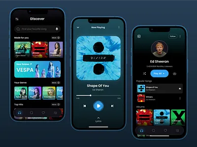 Myuseek - Music Streaming App app audio blue branding clean dark dark mode design minimal music music app night mode slab streaming streaming app ui ux