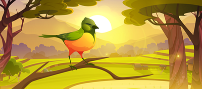 Cartoon bird sitting on tree branch cute colorful birdie with gr branding graphic design