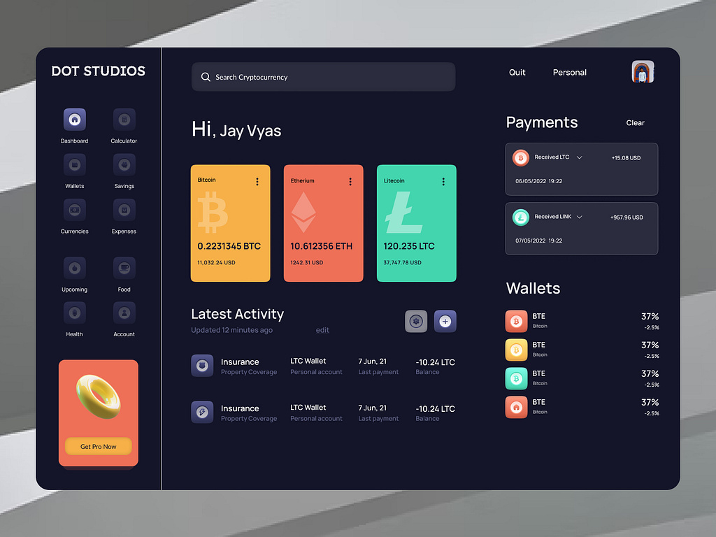 Cryptocurrency UI Dashboard by Jay Vyas on Dribbble