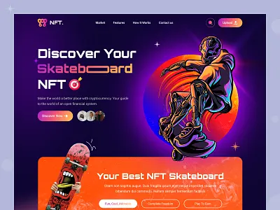 Skateboard NFT Landing Page creative crypto design discover graphics illustration landing page nft gaming nft landing page nft marketplace nft preview nft skateboard nft ui nft website payment skateboard skateboard nft collection ui ux website