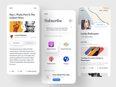Podcast App - Mobile Design app audiobook clean design illustration minimal mobile app design music app music player player podcast podcast app podcasts sass ui ux webapp