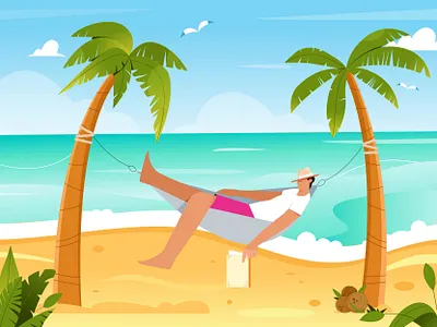 In a hammock character characterdesign design flat hammock illustration illustrator man minimal palm trees summer vacation vector vectorart web illustration website illustration