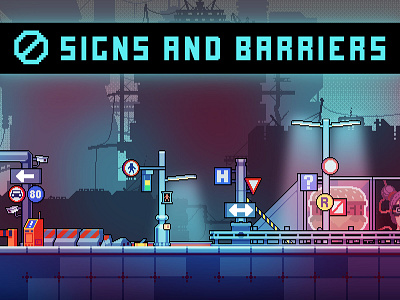 City Signs and Barriers Pixel Art 2d asset assets city cyberpunk game game assets gamedev indie indie game item items pack pixel pixelart pixelated set sets signs