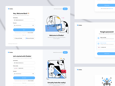 Chatbo messaging dashboard - Sign in & Sign up concept flow create an account dashboard design figma forget password form get started input log in log out messaging app minimal ui design onboarding register reset password sign in sign up social app social proof verify account web design