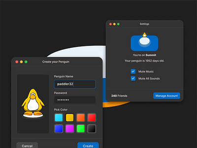 Club Penguin app challenge club penguin clubpenguin dark mode dark ui macos penguin ui uidesign web