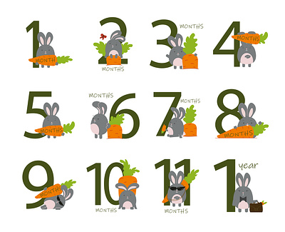 Stickers for the first year of a child's life bunny carrot childs age design first year illustration month rabbit stickers vector