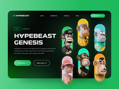 NFT Collections Website crypto crypto art cryptocurrency dark design ethereum gradient green hapebeast makeevaflchallenge makeevaflchallenge7 marketplace nft design nfts token ui webdesign website website design