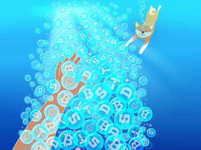 Cryptocurrencies (editorial) bitcoin blockchain blue bubble colorful crypto crypto bubbles dogecoin drowning editorial illustration sandbox shiba inu tether vector web3