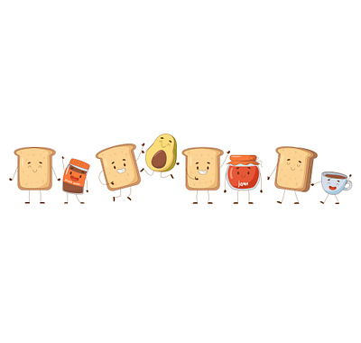 Cute cartoon character of toast bread and his friends avocado bread cartoon bread character bread toast children cup of coffe kawai mascot