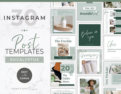 30 Instagram Posts for Canva | Eucalyptus branding business marketing canva canva graphics canva template canva template set diy design graphic design green instagram instagram instagram template post template sage green social media template