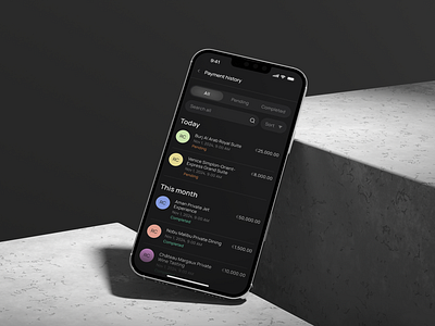 Payment screen for Luxury Services App calm dark mode history luxury mobile mobile design payment search segmented control services sort visual design