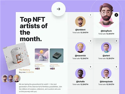 NFT Marketplace UI - Ranked List Artist blockchain company profile crypto cryptoart dao defi exchange gamefi marketplace nft ui design web design