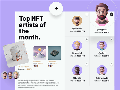 NFT Marketplace UI - Ranked List Artist blockchain company profile crypto cryptoart dao defi exchange gamefi marketplace nft ui design web design