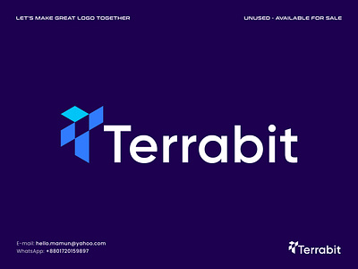 Terrabit - modern letter T tech logo blockchain branding connection crypto design ecommerce factor futuristic gradient letter letter t lettering light logo logo designer modern monogram power technology