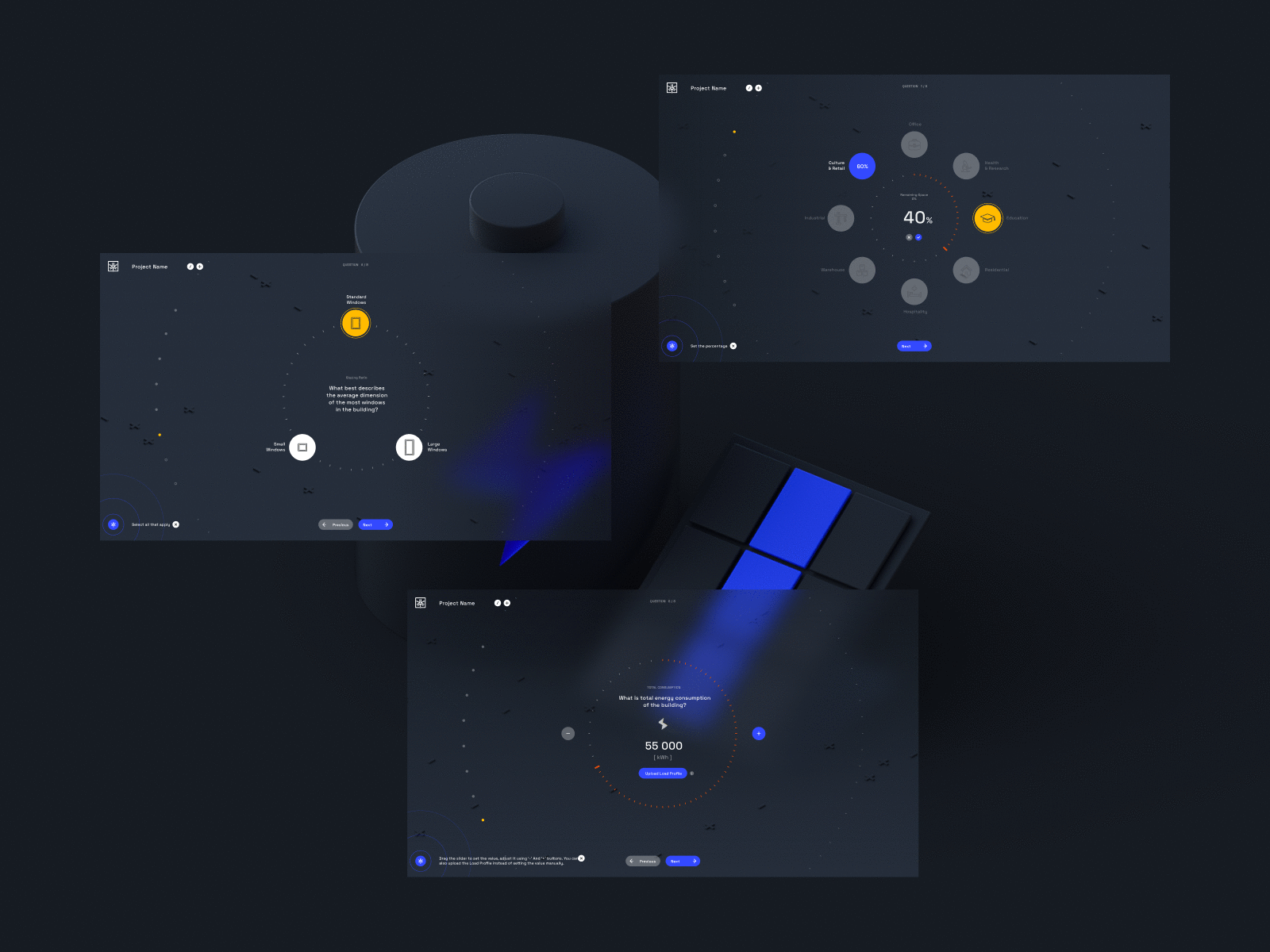 Energy Open Piazza 3d artdirection dark design energy light ui ux web webtool