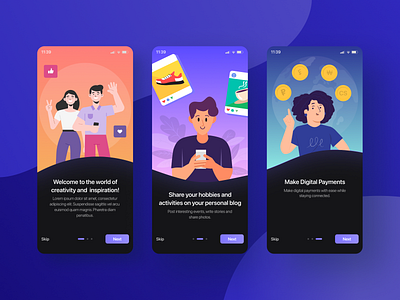 Onboarding Screens App UI/UX branding design illustration typography ui uiux ux