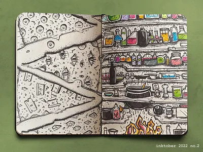 Inktober 2022: Pizza & Potions donuts illustraion ink inktober jewels journal markers moleskine pizza potions razor sketch sketchbook witch