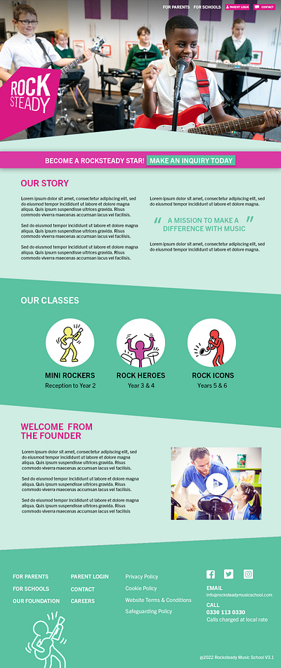 Desktop version of redesign for Rocksteady music school