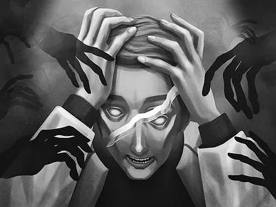 Psychosis02 anxiety art black and white character dark depression desperation dissociation fear illustration mind psychosis retrofuturism shadow story