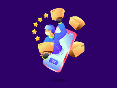 Online Courier business courier delivery ecommerce fun happy helmet illustration job landing page illustration online shop services shopping smartphone stars startup