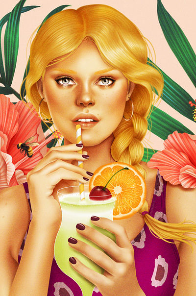 mojito cocktail floral illustration photoshop portrait summer