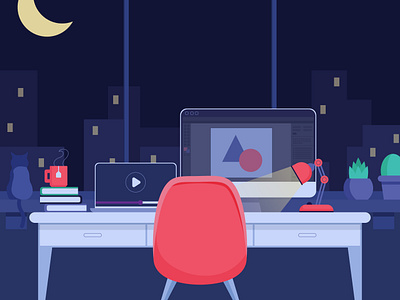 Workspace cat desk desktop drawing illustration imac laptop macbook night plant work working workspace