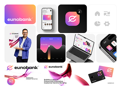 Eunobank bank logo bank ui brand identity branding e alphabet logo finance logo gradient logo graphic design logo minimal minimal logo mockup social media ui design usa wordmark