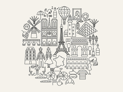 France Line Art arch country croissant europe france french illustration line line art louvre map moulin rouge outline paris parisiene thin tour eiffel travel vector wine