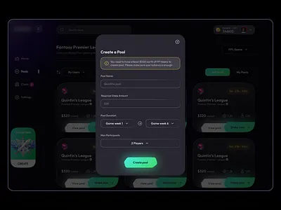 Defi Gaming - Create a Pool Modal blockchain concept crypto pool design dribbble figma figmadesign flat pool ui