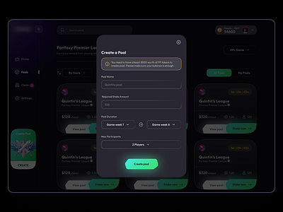 Defi Gaming - Create a Pool Modal blockchain concept crypto pool design dribbble figma figmadesign flat pool ui