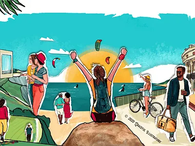 The Dryftwell Project - 2020 beach cities digital art fun gallery go handdrawn hills illustration men shopping states sun sunny travel trees vibrant warm women young