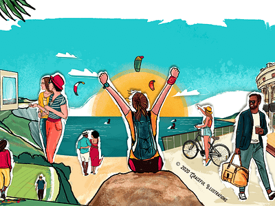 The Dryftwell Project - 2020 beach cities digital art fun gallery go handdrawn hills illustration men shopping states sun sunny travel trees vibrant warm women young